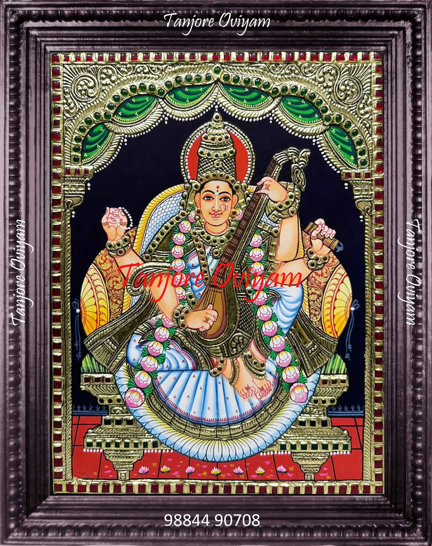 Goddess Saraswathi Tanjore painting with veena, jewellery and gold foil detailing